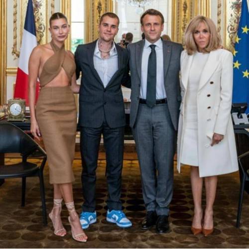 Justin and Hailey Bieber Go glam for a surprise meeting with French President Emmanuel Macron