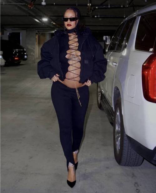 Rihanna Bares Baby Bump in Lace-Up Top Paired With Sky-High Stilettos