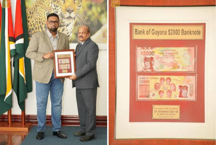 Guyana’s president presented with a $2,000 polymer banknote