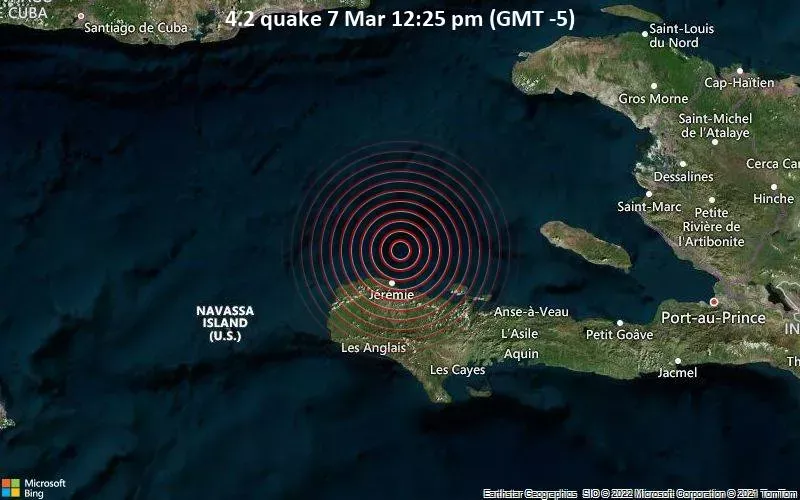 Moderate magnitude 4.2 quake hits 18 km north of Jeremie, Haiti