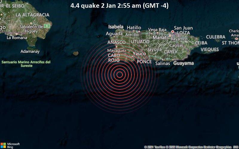 Moderate magnitude 4.4 quake hits 59 km southwest of Ponce, Puerto Rico, early morning